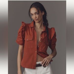 Anthropologie The Ozzi Ruffle-Sleeve Buttondown Shirt by Pilcro- Size L - BNWT